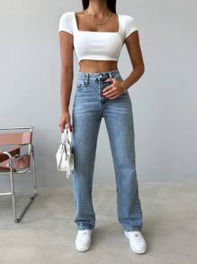 EURMUSE Casual High Waist 100%Cotton Straight Leg Jeans - Light Wash - View 5