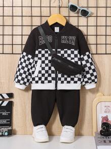 SHEIN Baby Girl 3Pcs/Set Casual Plaid Patchwork Coat, Long Pants And Bag Set - Black and White - View 2