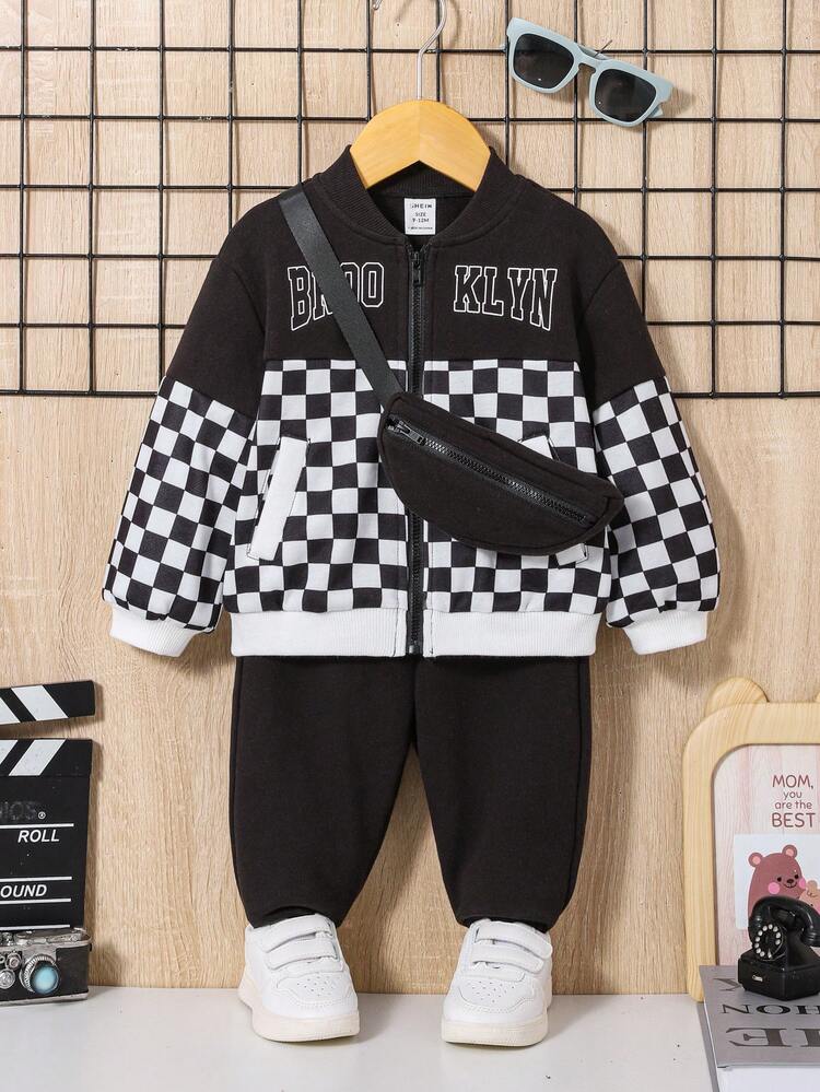 Baby Girl 3Pcs/Set Casual Plaid Patchwork Coat, Long Pants And Bag Set