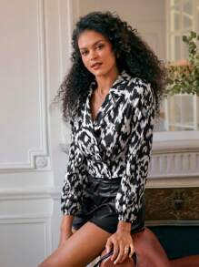 SHEIN Frenchy 滿版印花前紐扣襯衫 - 黑與白 - 查看 8