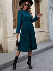 SHEIN Clasi 荷叶边领灯笼袖褶裥下摆连衣裙，无腰带，女士长款套装 - 水鴨藍 - 查看 5