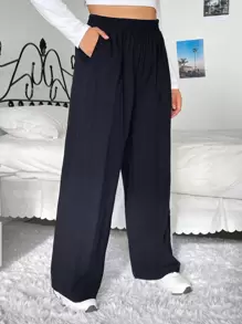 SHEIN EZwear Hơn Cao eo Túi nghiêng Quần ống rộng - màu đen - Xem 1