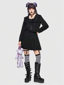 ROMWE J-Fashion Striped Sailor Collar Blouse & Pleated Skirt - Black - View 1