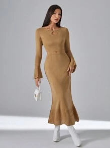 SHEIN Privé 優雅挖空 揉皺 荷葉邊純色女士毛衣連衣裙