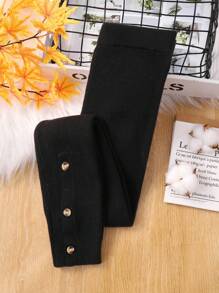 SHEIN Tween Girl Button Detail Knit Pants,In Fall/Winter - Black - View 1