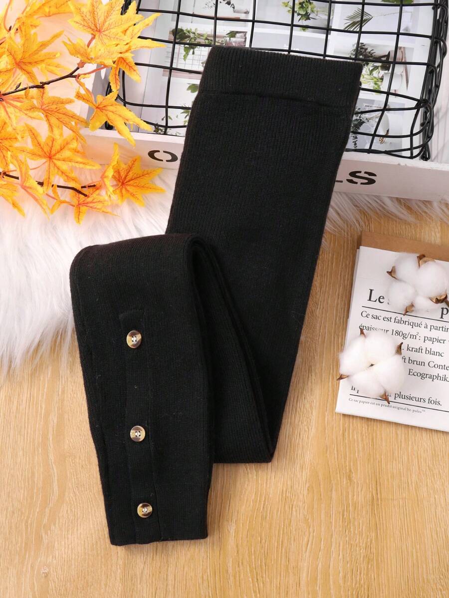 SHEIN Tween Girl Button Detail Knit Pants,In Fall/Winter - Black - View 1
