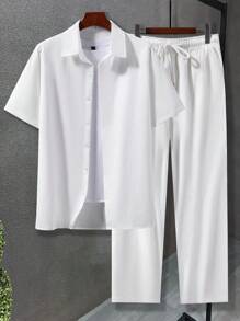 Manfinity Homme Camisa Casual Sólida para Homens e Calça com Cordão na Cintura Sem Camiseta, Presente para Namorado - Branco - Visão 1