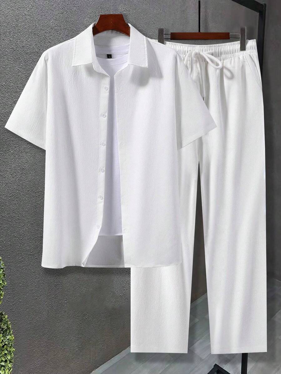 Manfinity Homme Camisa Casual Sólida para Homens e Calça com Cordão na Cintura Sem Camiseta, Presente para Namorado - Branco - Visão 1