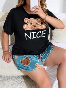 SHEIN Talla grande Conjunto de pijama con estampado de oso y letra - Multicolor - Ver 4