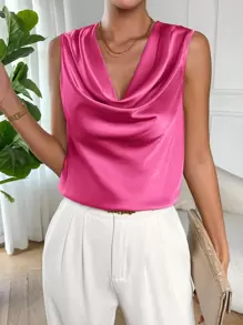 SHEIN Privé Áo sơ mi nữ Vắt màu trơn Thanh lịch - Màu Hồng Tươi - Xem 4