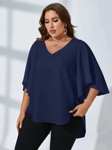 SHEIN Clasi Talla grande Blusa unicolor de cuello V de manga mariposa - Azul Marino - Ver 3