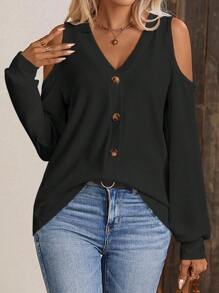 SHEIN LUNE 挖肩前紐扣T恤 - 黑色 - 查看 5