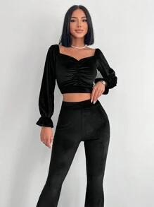 RueChic Sweetheart Neck Ruched Crop Top & Flare Leg Pants - Black - View 4