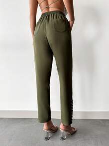 EURMUSE Solid Drawstring Waist Slant Pocket Pants - Army Green - View 2