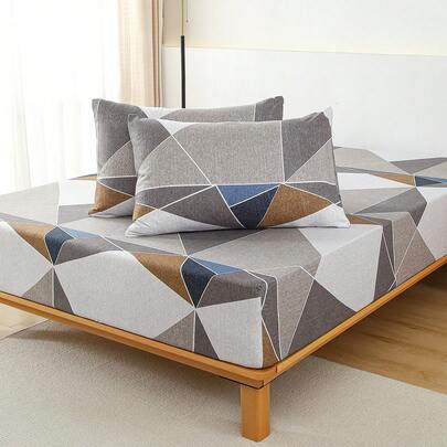 3入組床墊套套裝90g滌綸面料拉絲帶幾何元素圖案,包括1床墊套和2枕套