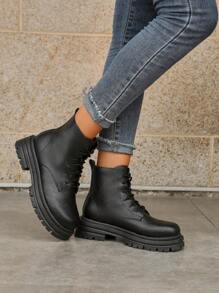 女士時尚英式風格靴子帶防滑橡膠軟底,繫帶摩托車靴子 - 黑色 - 查看 4