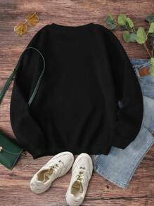 SHEIN Essnce 日月圖案加絨內裏運動衫 - 黑色 - 查看 2