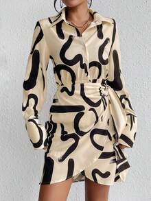 SHEIN Frenchy Allover Print Knot Side Wrap Shirt Dress - Multicolor - View 4