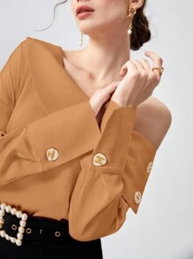 BizChic Asymmetrical Neck Button Detail Blouse - Brown - View 5