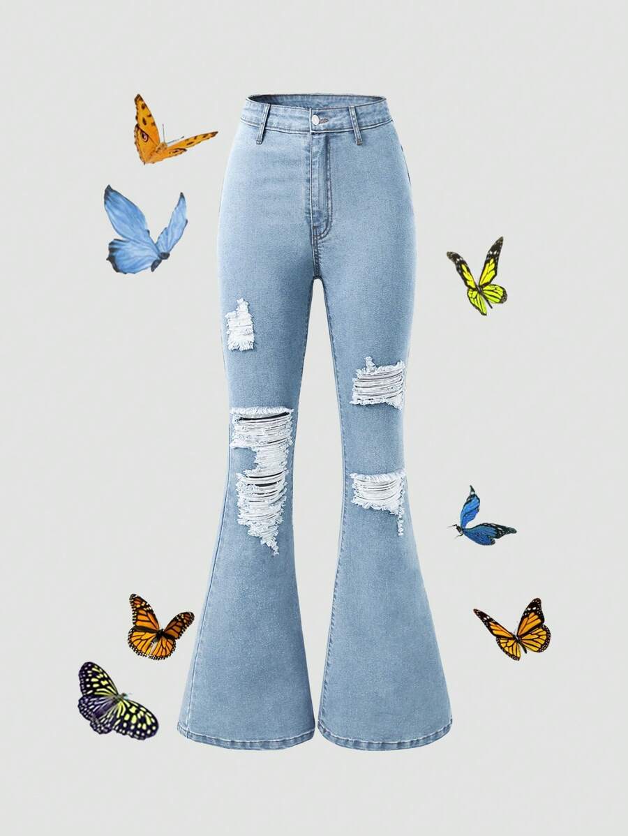 SHEIN Quần jeans ống loe cạp chun co giãn phong cách Boho đô thị cho bé gái tuổi teen có túi phẳng - Rửa nhẹ - Xem 1
