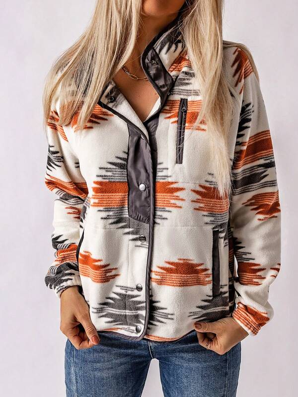 Astylish Western Wear Women Geometric Pattern Long Sleeve Snap Buttoned Zippered Pockets Fleece Jacket