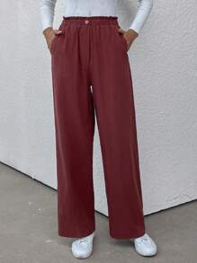 SHEIN LUNE Nếp gấp cao eo Túi nghiêng Quần - Cà phê nâu - Xem 3