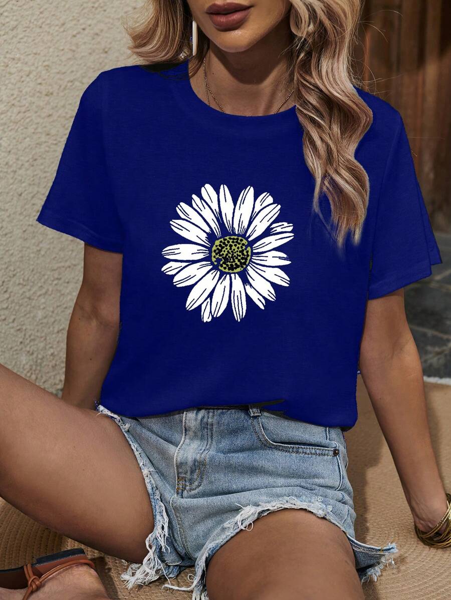 SHEIN LUNE Camiseta con estampado floral de cuello redondo - azul real - Ver 1