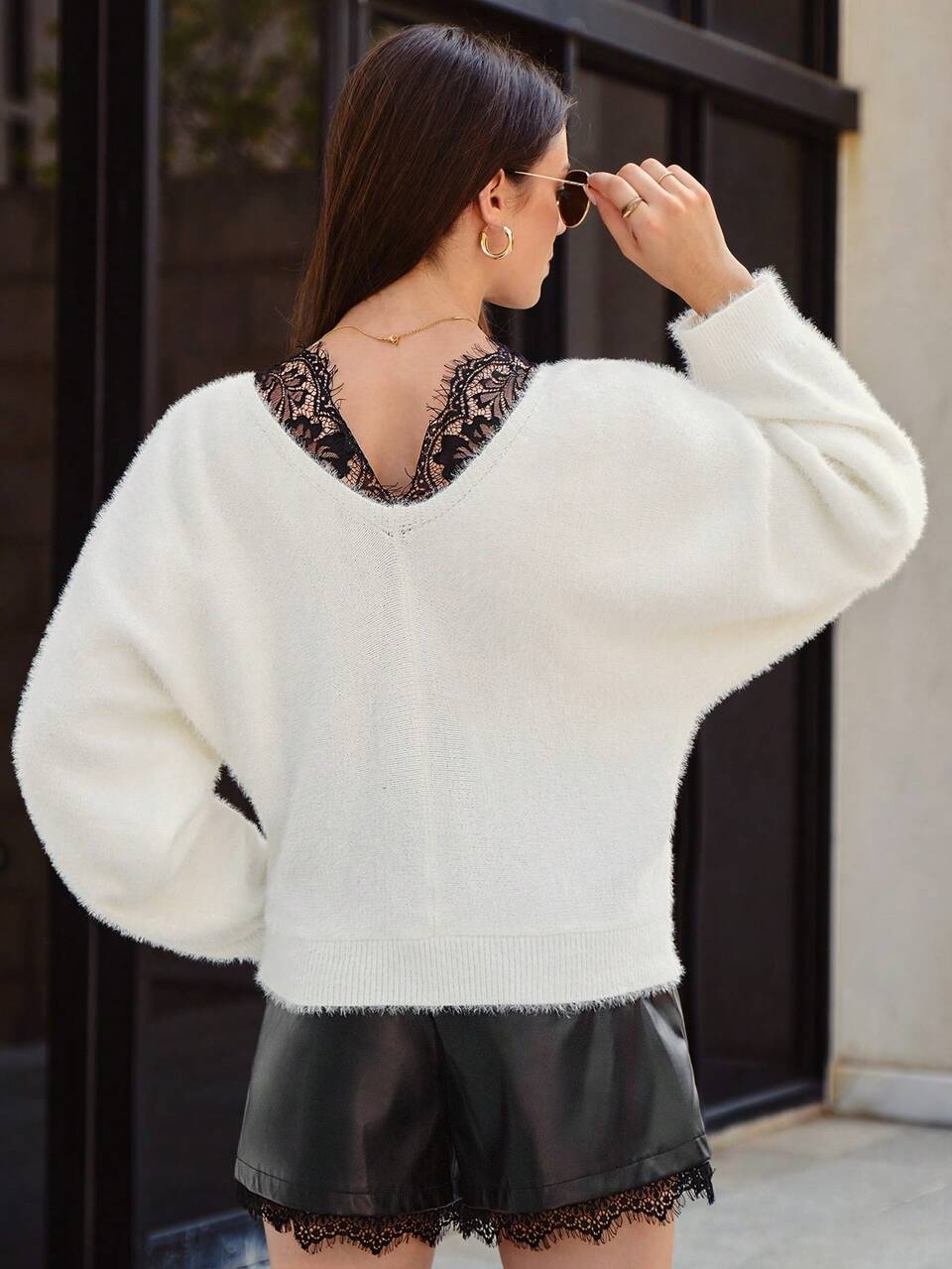 Eyelash Lace Trim Batwing Sleeve Sweater Winter White Casual