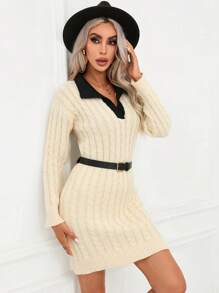 SHEIN Privé Viền tương phản Xoắn Dan Thả vai Đầm Áo len Không có thắt lưng - Màu be - Xem 5