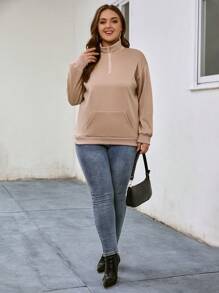 SHEIN LUNE Hơn Túi kangaroo Một nửa khóa kéo Thả vai Áo nỉ - Màu Khaki - Xem 6