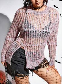 Flirla 万圣节太空染色分叉下摆针织套头衫秋冬毛衣 - 彩色 - 查看 6