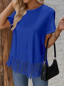 SHEIN LUNE Solid Fringe Hem Tee - Royal Blue - View 6