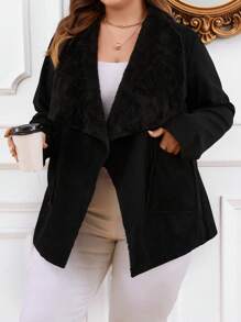 SHEIN Unity 大碼大翻領開門襟外套 - 黑色 - 查看 5