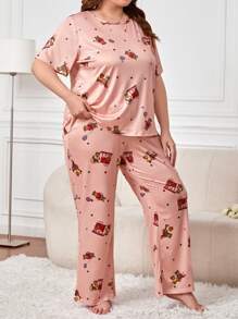 SHEIN Talla grande Conjunto de pijama con estampado de dibujos animados - Multicolor - Ver 4