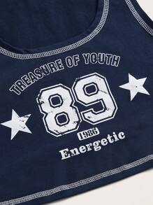 SHEIN EZwear Top tank crop con estrella & con estampado de letra con puntada - Azul Marino - Ver 3