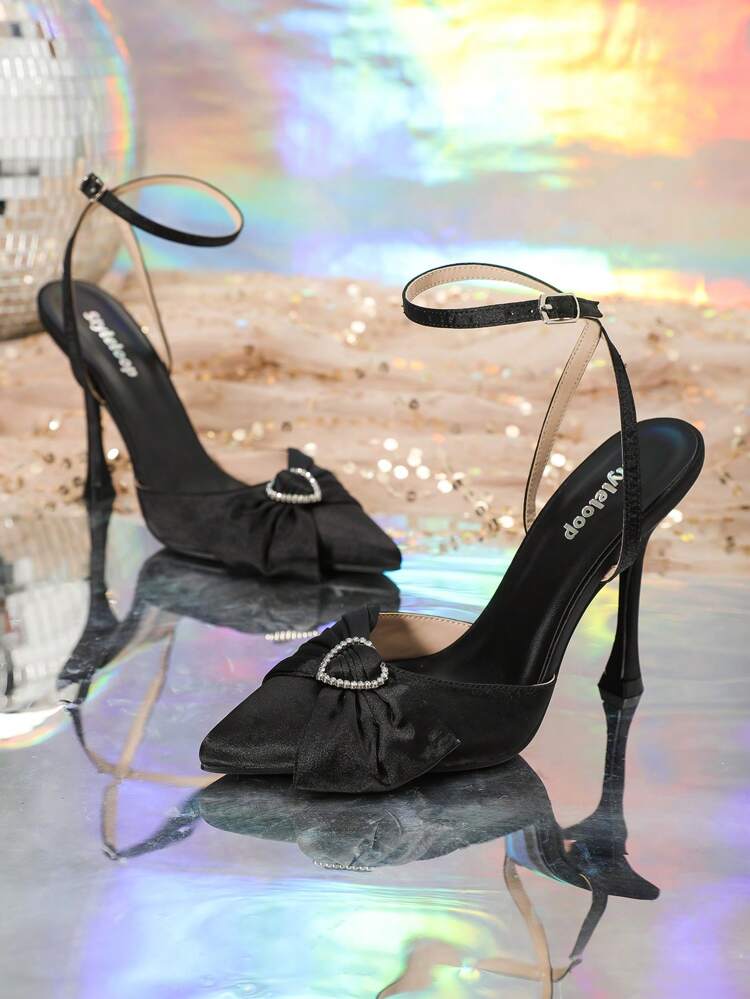 Black Heart Shaped Rhinestone Buckle Party High Heels