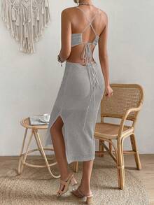 SHEIN VCAY Solid Split Thigh Cami Dress - Grey - View 2