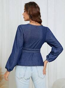 SHEIN LUNE Lantern Sleeve Belted Wrap Denim Top