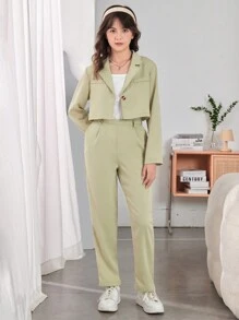 青少年女孩西裝領西裝外套和褲子不帶T恤 - 薄荷綠 - 查看 7