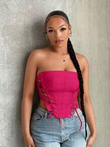 SHEIN SXY Lace Up Front Bandana Hem Tube Top - Hot Pink - View 1