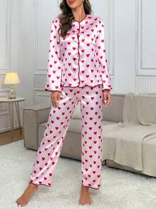 SHEIN Conjunto de pijama de satén con estampado de corazones y ribete de contraste - Multicolor - Ver 3