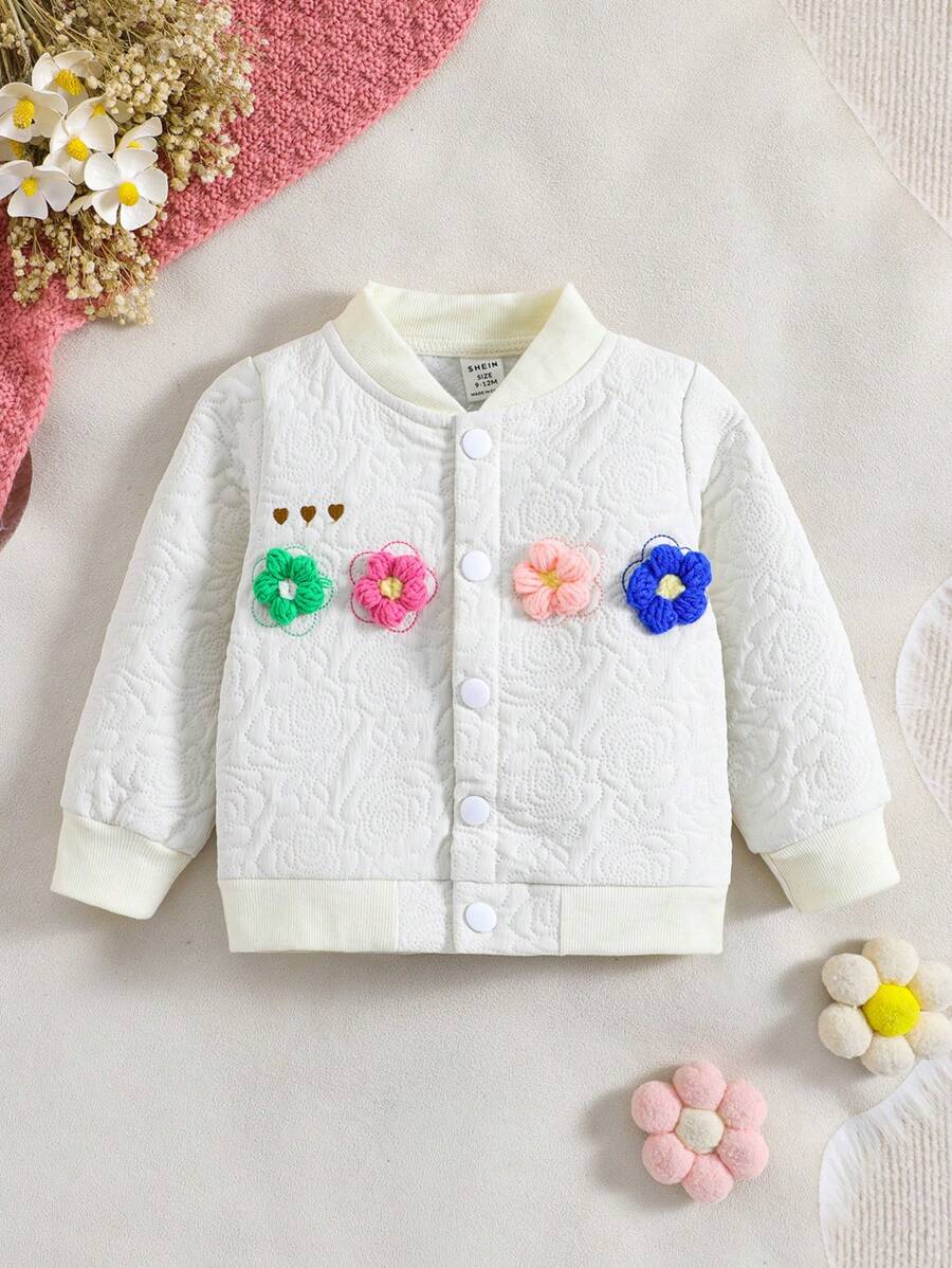 SHEIN Baby Girl Floral Embroidery Appliques Button Front Bomber Jacket - White - View 1