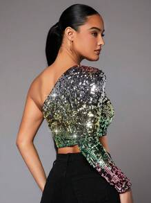 SHEIN BAE Christmas One Shoulder Sequin Crop Top - Multicolor - View 3