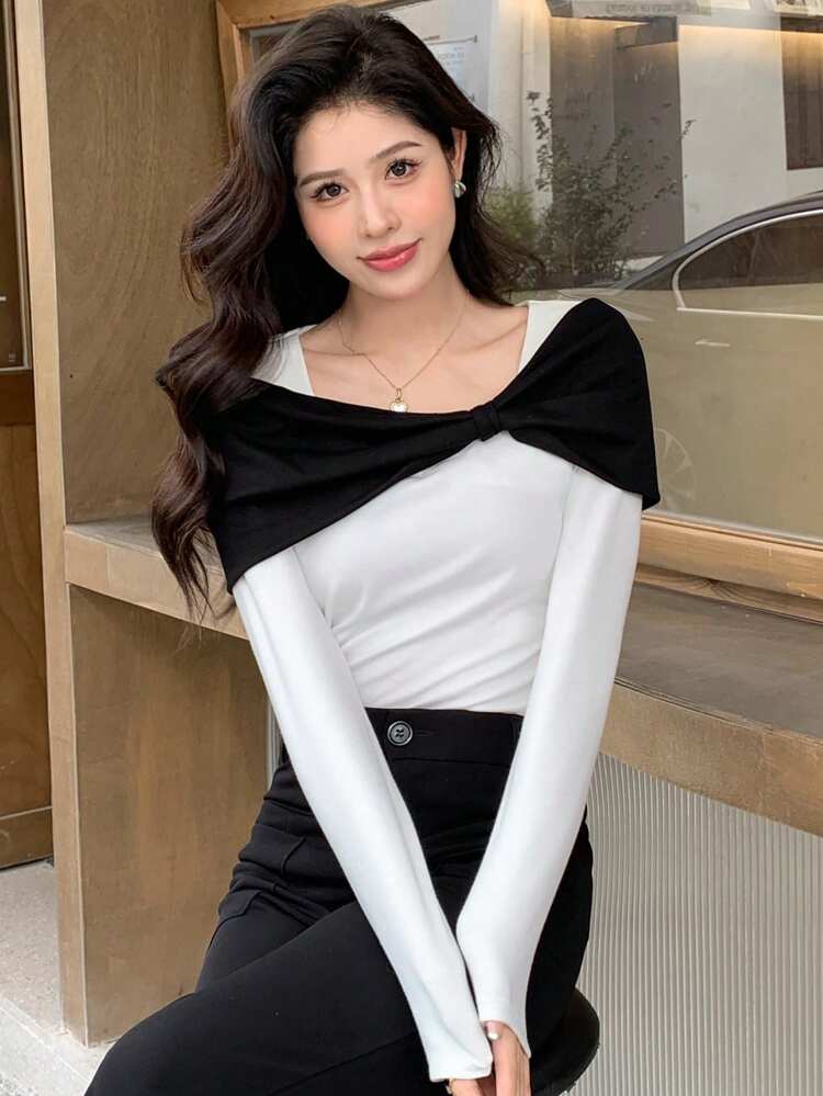 Colorblock Twist Front Tee Long Sleeve Women Tops