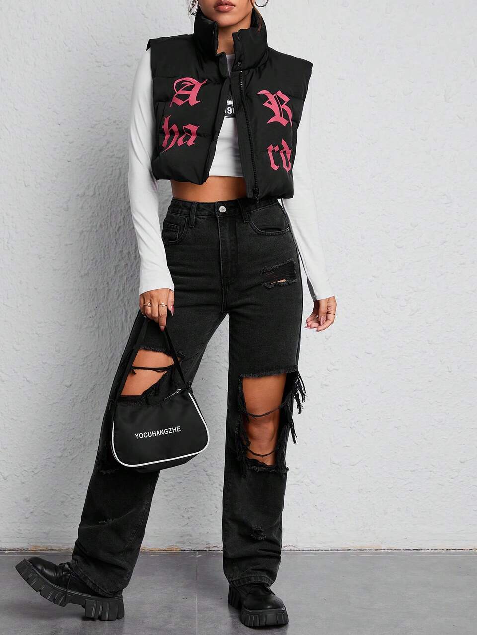 Letter Graphic Winter Vest Coat ,Petite Women