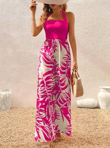 Breezaya Bản in nhiệt đới Ca-vát Backless Áo liền quần Dây thắt cổ - Nhiều màu - Xem 3