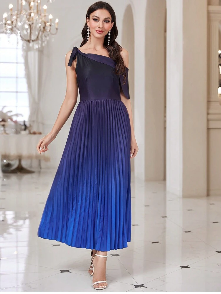 Asymmetrical Neck Pleated Hem Dress