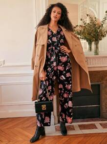 SHEIN Frenchy Floral Print Lantern Sleeve Belted Jumpsuit