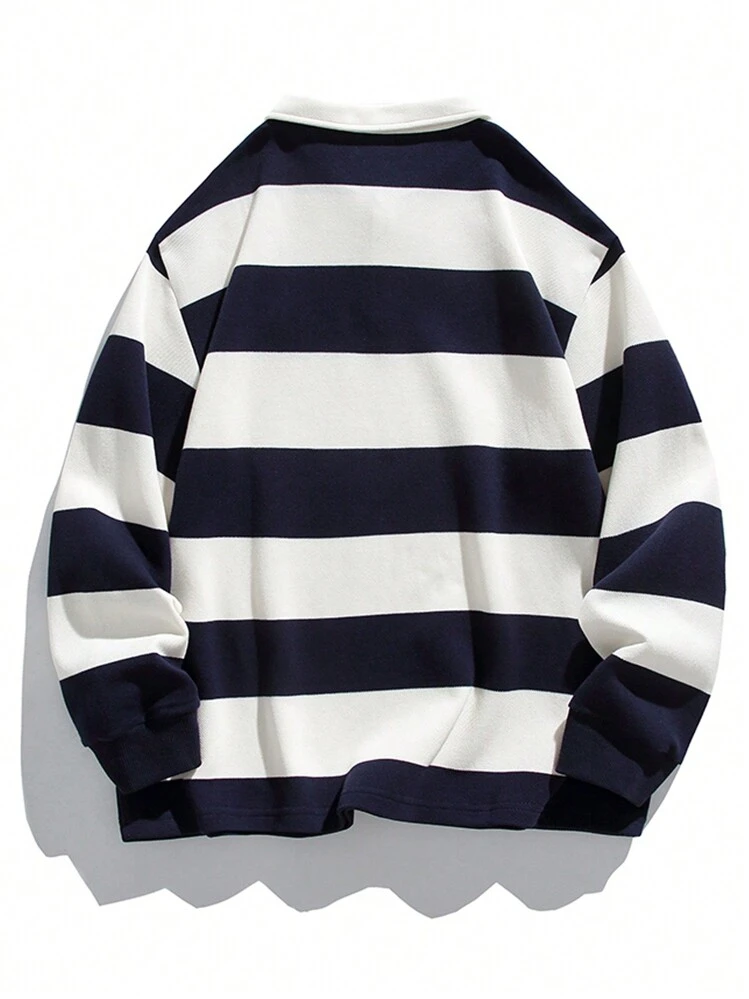 Men Striped Print Letter Patched Polo Neck Sweatshirt - Navy Blue - View 2