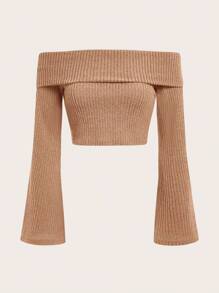 SHEIN EZwear Áo thun hở vai mùa xuân - Màu be - Xem 1